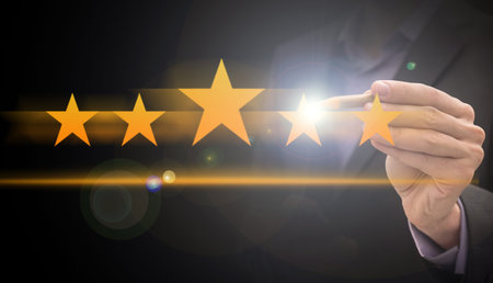Please rate us banner wtih customer hand give five golden stars