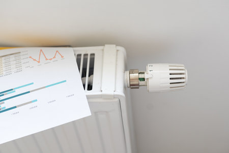 gas bill in front of heating radiator. Payment for heating in winter.の写真素材