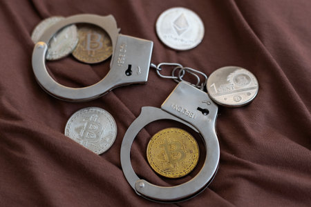 Symbolic coins of bitcoin and stack of bitcoin coins and metall handcuffs on banknotes of one hundred dollars. Exchange bitcoin for a cash dollar, but be a law-abiding citizen.の写真素材