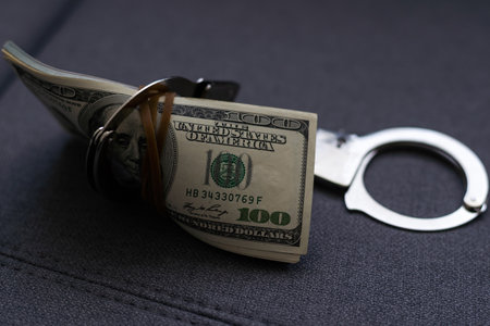 The handcuffs are on hundred-dollar bills. Power and bribery. Criminal ransom. Criminal earnings. Business concept. The concept of wealthの写真素材