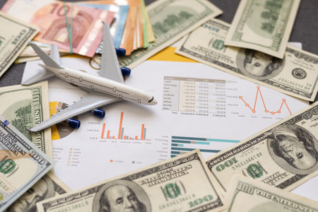 Inscription travel, Airplane, air ticket and money . Travel concept, copy space.の写真素材