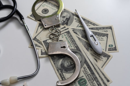 stethoscope, handcuffs, money on gray background.の写真素材