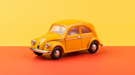 Minsk,Belarus-February 2020:yellow toy car yellow background. Valentines Day.Flower delivery.March 8,International Womens Day.summer travel,vacation,travel,taxi,delivery. retro car, Generative AIの素材