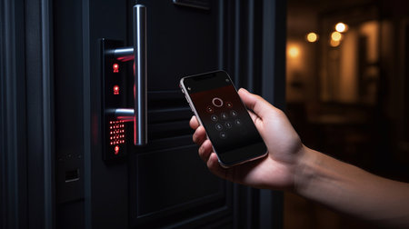mobile smart phone use for open safety door and opens the door of his home.の素材