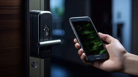 mobile smart phone use for open safety door and opens the door of his home.の素材