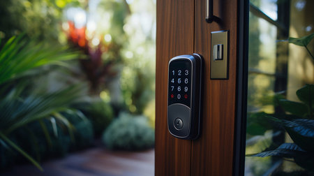 Digital Door handle or Electronics knob for access to room security, Door wooden half opening through interior living room background Generative AIの素材