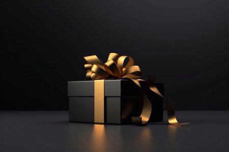 Black gift box with golden ribbon isolated on Black Background. 3d illustration of black gift box with gold ribbon. Generative AIの素材