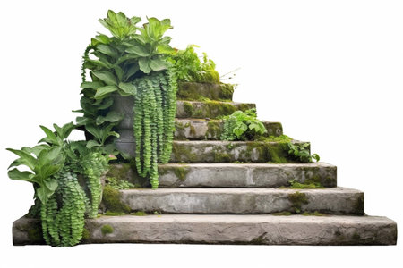 Cut out stairs made of large stone steps. Staircase lined with green plants for landscaping or garden design. Rock steps isolated on white background. Generative AIの素材