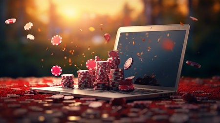 Gambling online casino Internet betting concept. Jackpot, casino chips. computer keyboard, laptop with poker chips, dice. Casino tokens, gaming chips, checks, or cheques. Generative AIの素材