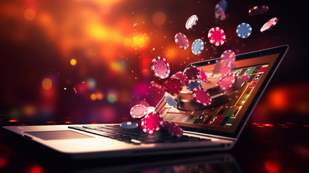 Gambling online casino Internet betting concept. Jackpot, casino chips. computer keyboard, laptop with poker chips, dice. Casino tokens, gaming chips, checks, or cheques. Generative AIの素材