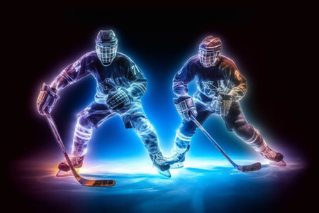 Ice Hockey player athlete in the helmet and gloves on stadium with stick. Action shot. Sport concept. Sports betting. Bets in the mobile application. Generative AIの素材