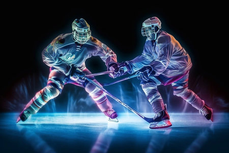 Ice Hockey player athlete in the helmet and gloves on stadium with stick. Action shot. Sport concept. Sports betting. Bets in the mobile application. Generative AIの素材