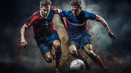 Three soccer players fight for a ball. Tough competition. Slide tackle. Soccer stadium (3D render) Generative AIの素材