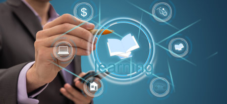 E-learning and Online Education for Student and University Concept. Graphic interface showing...