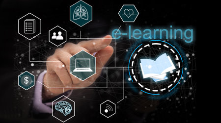 E-learning and Online Education for Student and University Concept. Graphic interface showing technology of digital training course for people to do remote learning from anywhere.の写真素材