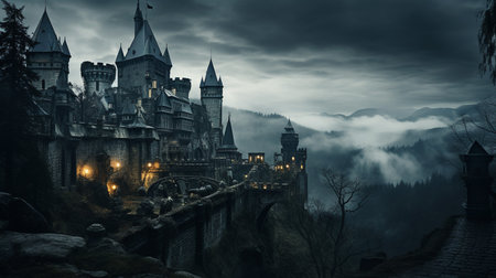 Fantasy night dark landscape, night gloomy castle, ancient dark city. 3D illustration Generative AIの素材