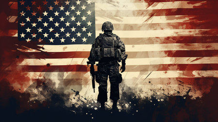 Photo of soldier holding the USA flag in background. Special force United States soldier or military contractors holding rifle. Image on background. soldier, army, war, Generative AIの素材