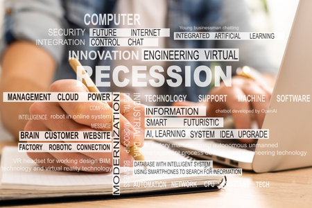virtual touch screen of future and sees word: recession. Currency Depreciation Concept. Financial...