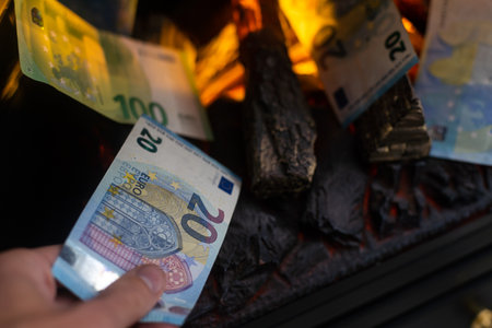 Money burns. Euro banknotes burning in flamesの写真素材