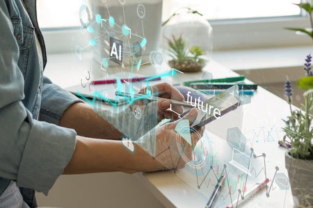 Chat AI concept, People using computer Side view typing on laptop keyboard Chat with AI or...