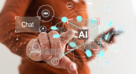 Technology and people concept man use AI to help work, AI Learning and Artificial Intelligence Concept. Business, modern technology, internet and networking concept. AI technology in everyday life.の写真素材