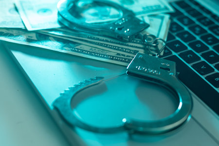 Pair of handcuffs closeup on dollar banknotes background. Corruption problem in the worldの写真素材
