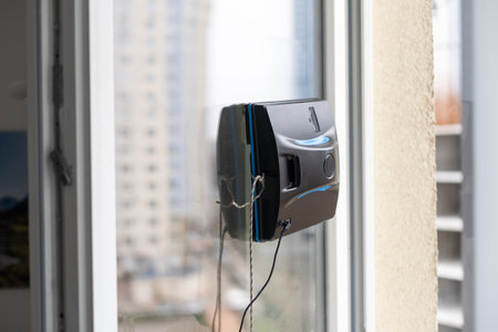 A window cleaner robot washes glass against the backdrop of multi-storey buildingsの写真素材