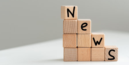 NEWS text arranged from wooden letters on gray backgroundの写真素材