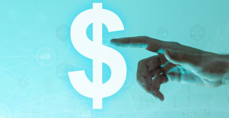 Hands touching button screen interface global connection customer networking data exchangesの写真素材