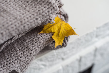Autumn composition plaid and yellow leaves on a white background.の写真素材