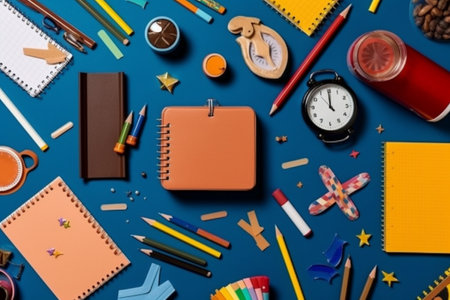 top view of school supplies near blank notebook isolated on pink Generative AIの素材