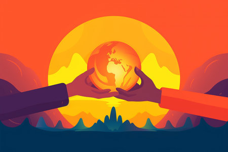 Concept of father and son camping. Summer travel with a child. Silhouette of people on the sun background. Spring family picnic trip. Nature, mountains, hills and sunset. Generative AIの素材