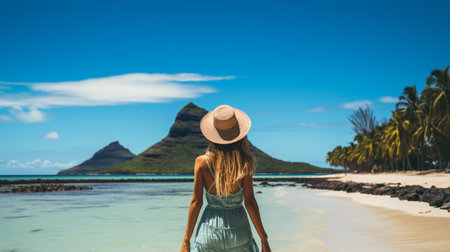 A young girl standing in shallow water on La Digue island, Seychelles Generative AIの素材