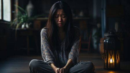 Business woman, headache and fatigue with burnout and working night, stress migraine and mental health. Female employee at desk, overtime and tired, overworked and exhausted, Generative AIの素材