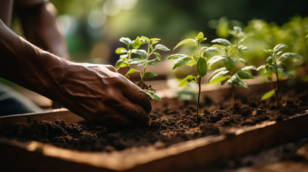 Planting small sprouts in soil on field. Closeup of planting, growing and taking care of nature. Teamwork and family working in garden Generative AIの素材