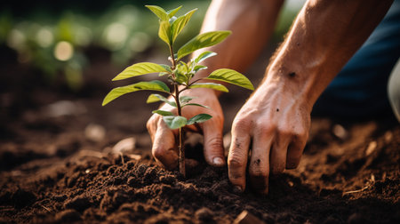Planting small sprouts in soil on field. Closeup of planting, growing and taking care of nature. Teamwork and family working in garden Generative AIの素材