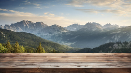 Outdoor wooden table on blur natural mountain landscape background. Flawless Generative AIの素材