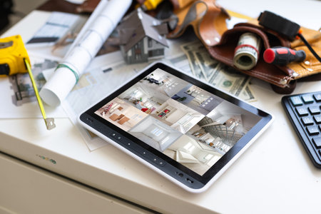 Tablet with view from CCTV cameras and different equipment on white table. Home security systemの写真素材