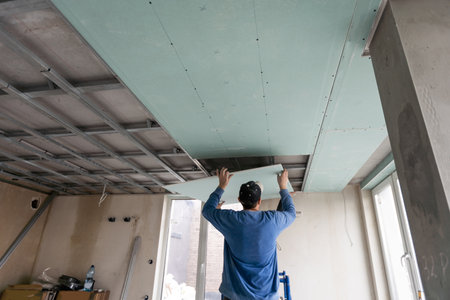 Drywall Installers. Men holding a gypsum board figured cutの写真素材