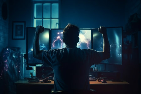 gamer playing game by wearing headphone with computer, gaming and esports streaming concept Generative AIの素材