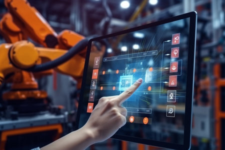 Advanced robot arm system for digital industry and factory robotic technology . Automation manufacturing robot controlled by industry engineering using IOT software connected to Generative AIの素材