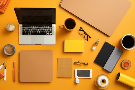 Top view modern workspace with computer, notebook and coffee cup on white table. Generative AIの素材