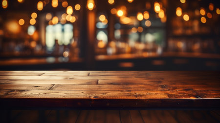 The empty wooden table top with blur background of restaurant at night. Exuberant image. Generative AIの素材