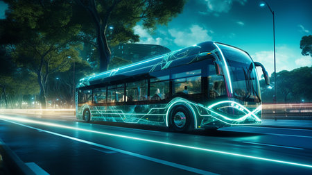 White bus moving fast on the road in a modern city with light effect Generative AIの素材