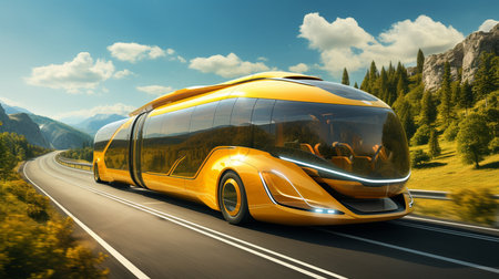 White bus moving fast on the road in a modern city with light effect Generative AIの素材