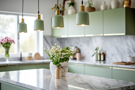 Kitchen with green vintage furniture, marble countertop with flowers and bowl of cherries, bucket with tulips, cupboard with various mugs, crockery and devices. Generative AIの素材