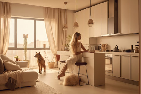 Woman makes coffee while standing with her dog in kitchen. Interior of modern and stylish kitchen in beige tones. Domestic lifestyle concept Generative AIの素材