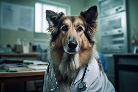 Service Dog in Veterinary medical clinic.Malinois dog waiting for routine exam.Police dog in prevention vaccine or diagnostic appointment Generative AIの素材