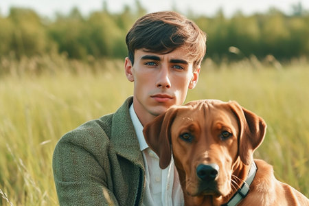 Man and dog. The guy trains huskies in nature. Generative AIの素材