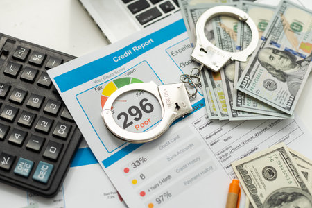 Poor credit score report with pen and calculator
